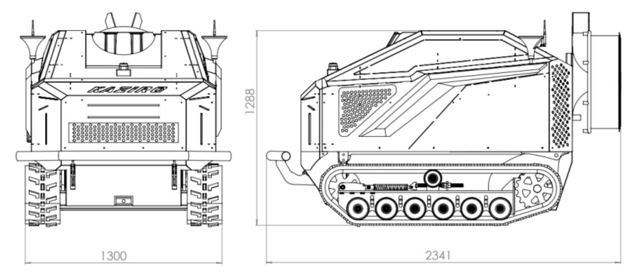 KRB-600 teknik çizimi: ön ve yan görünüş