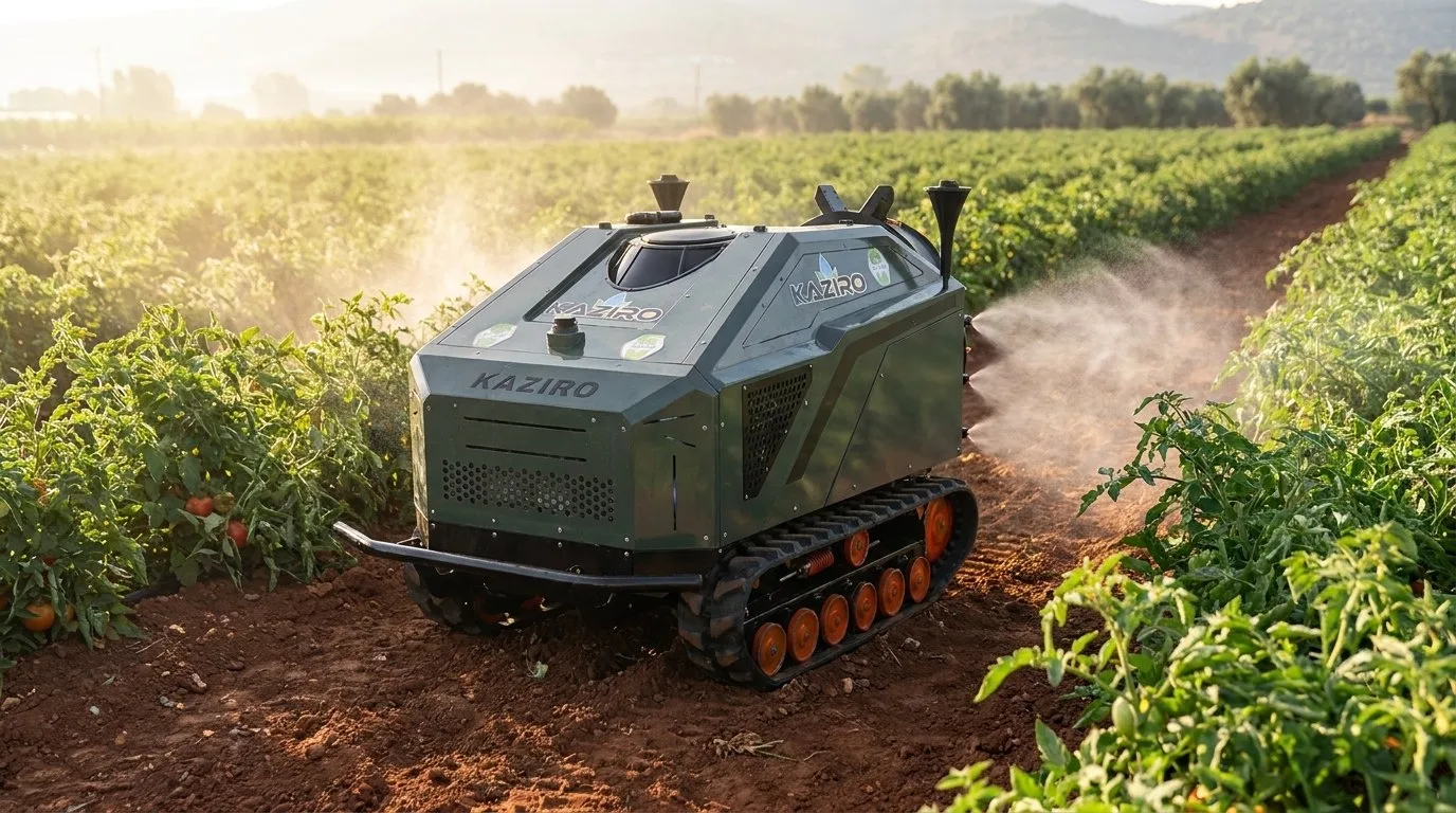 KAZIRO KRB-600 otonom ilaçlama robotu domates tarlasında ilaçlama yaparken